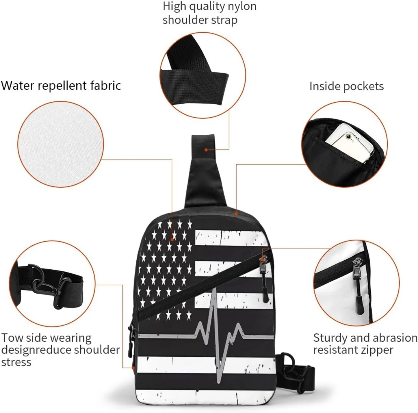 Thin Silver Line Heartbeats American Flag Portable Sling Bags Packable Crossbody Bag Foldable Sport Daypack Reusable Shoulder Backpack Diagonally Chest Bag for Workout Travel