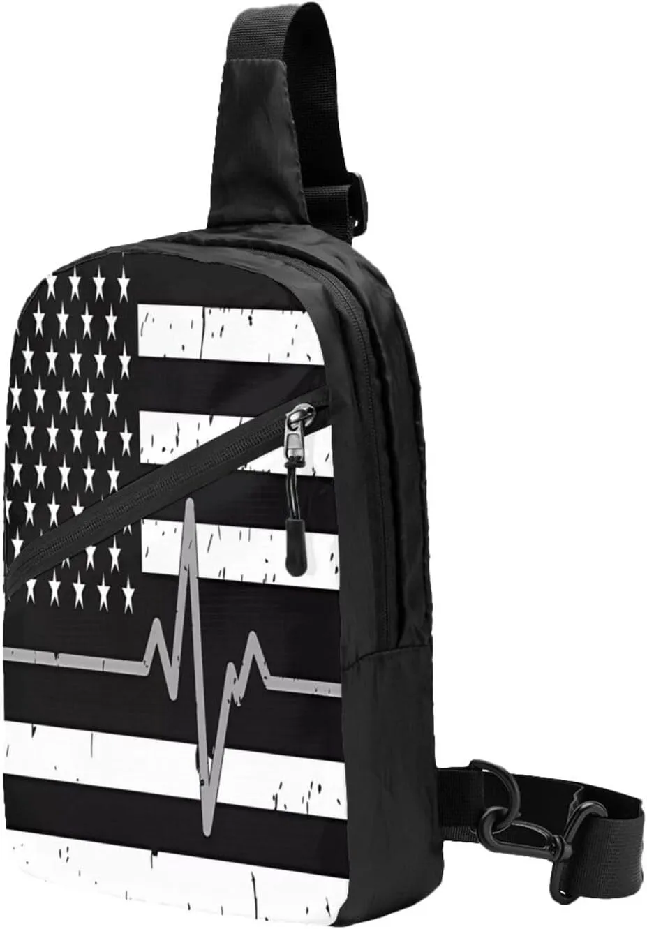 Thin Silver Line Heartbeats American Flag Portable Sling Bags Packable Crossbody Bag Foldable Sport Daypack Reusable Shoulder Backpack Diagonally Chest Bag for Workout Travel