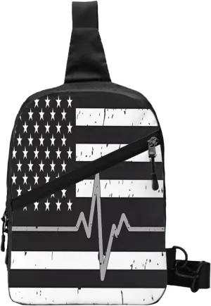 Thin Silver Line Heartbeats American Flag Portable Sling Bags Packable Crossbody Bag Foldable Sport Daypack Reusable Shoulder Backpack Diagonally Chest Bag for Workout Travel