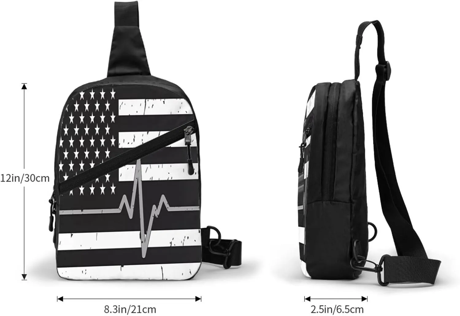 Thin Silver Line Heartbeats American Flag Portable Sling Bags Packable Crossbody Bag Foldable Sport Daypack Reusable Shoulder Backpack Diagonally Chest Bag for Workout Travel