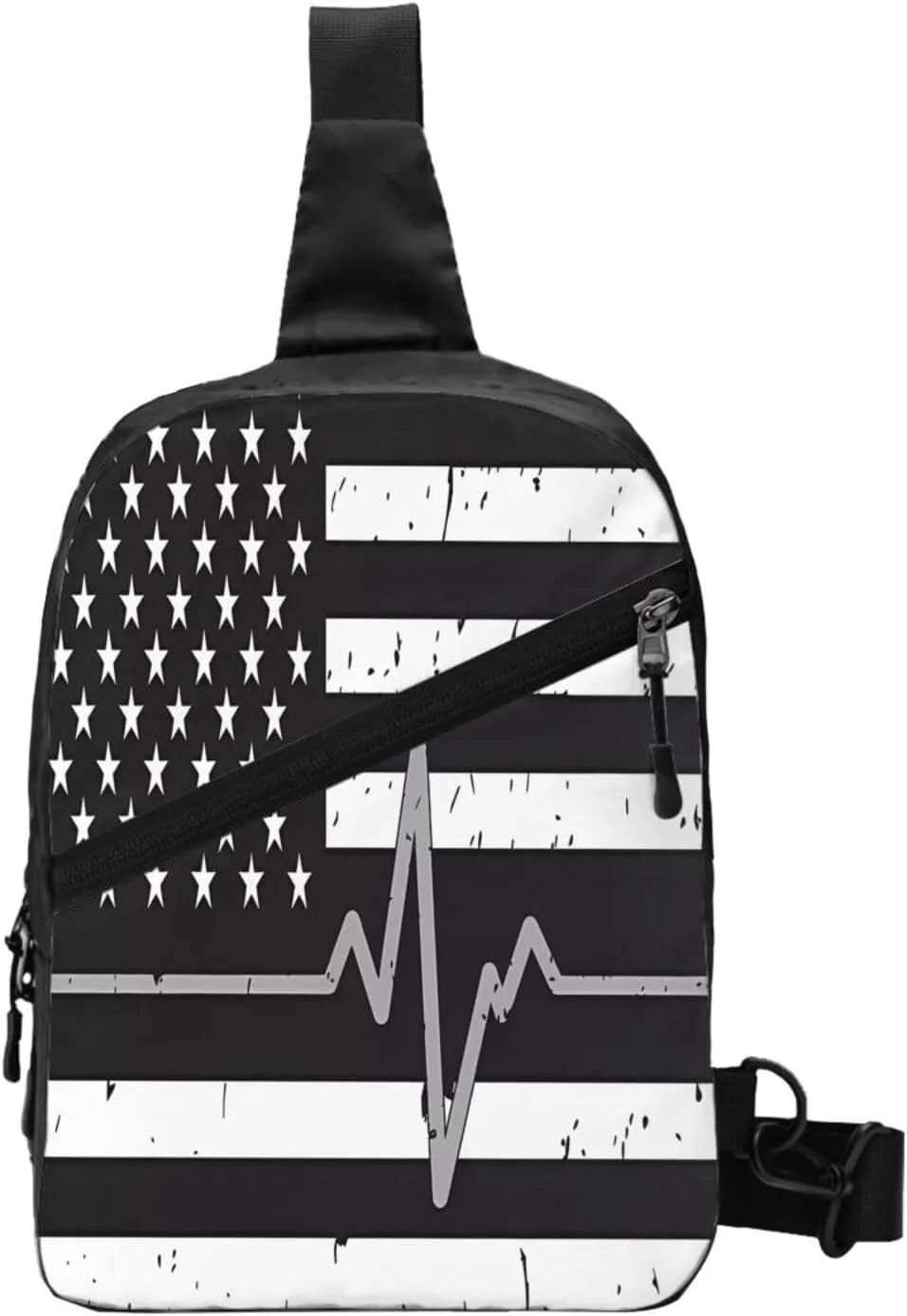 Thin Silver Line Heartbeats American Flag Portable Sling Bags Packable Crossbody Bag Foldable Sport Daypack Reusable Shoulder Backpack Diagonally Chest Bag for Workout Travel