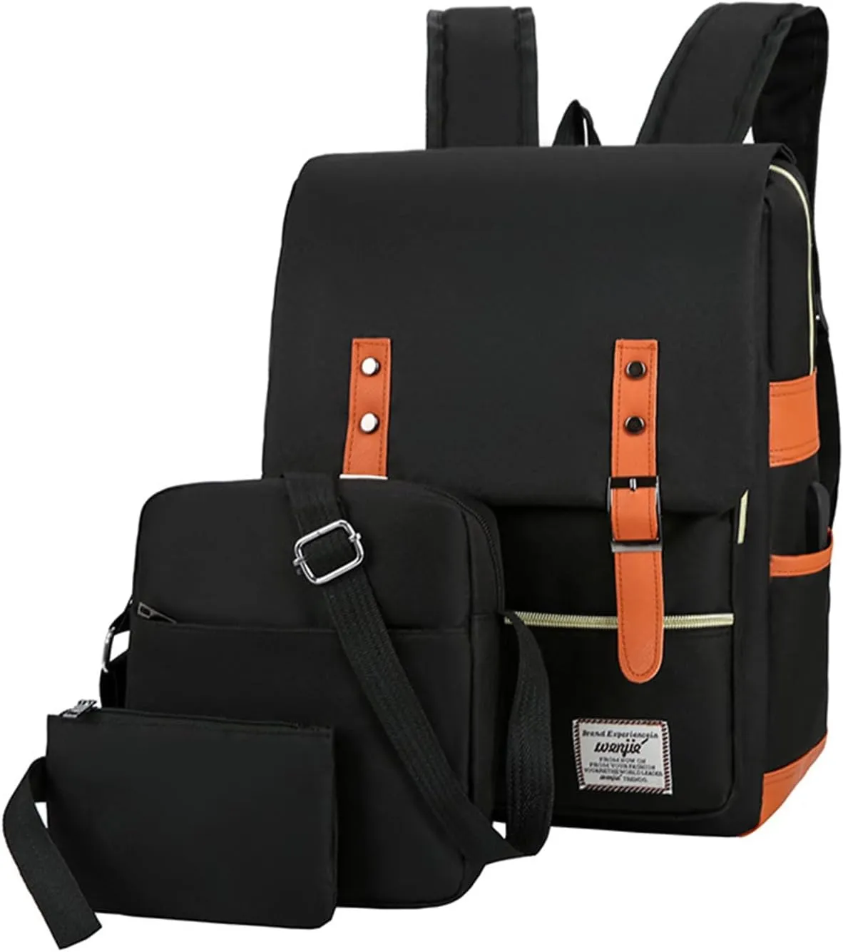 Three piece backpack with large capacity simple business computer bag USB charging, travel backpack,black