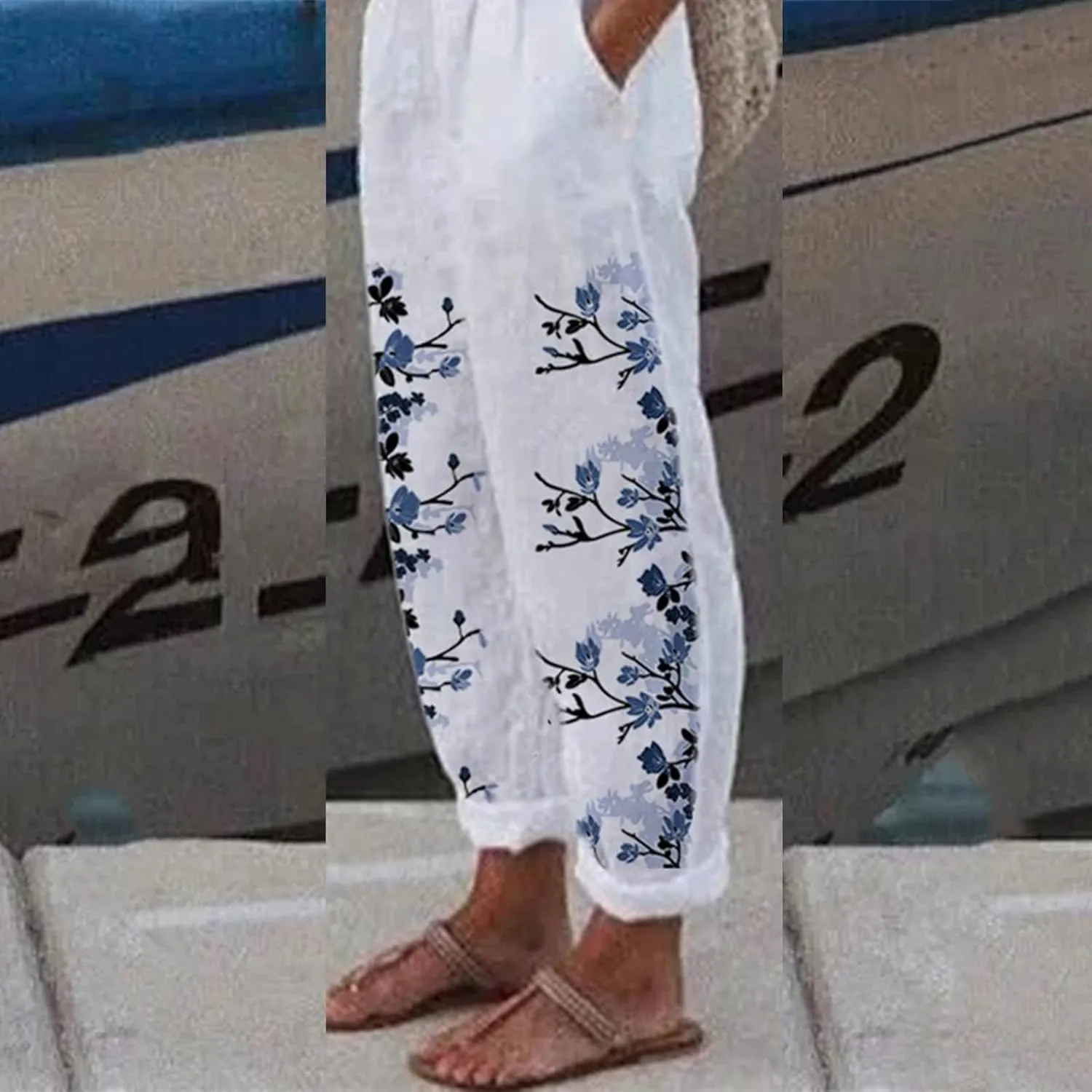 TIAFORD Women's Cotton Linen Floral Printed Pants Casual Elastic Waist Crop Trousers with Pockets