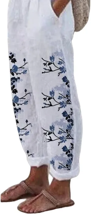 TIAFORD Women's Cotton Linen Floral Printed Pants Casual Elastic Waist Crop Trousers with Pockets