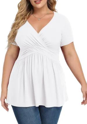 TIANZHU Women's Plus Size Dressy Tops Wrap Shirt Short Sleeve Tunic Top V Neck Low Cut Cute Blouse
