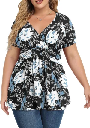 TIANZHU Women's Plus Size Dressy Tops Wrap Shirt Short Sleeve Tunic Top V Neck Low Cut Cute Blouse