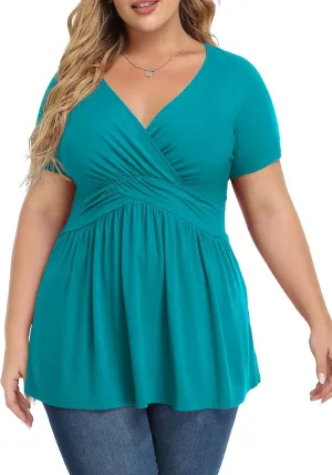 TIANZHU Women's Plus Size Dressy Tops Wrap Shirt Short Sleeve Tunic Top V Neck Low Cut Cute Blouse