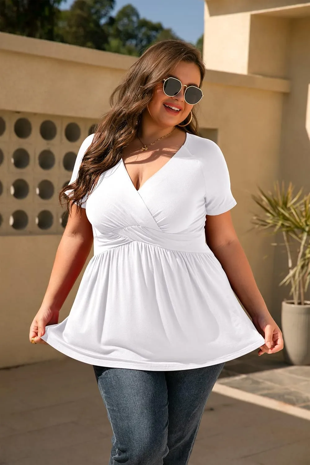 TIANZHU Women's Plus Size Dressy Tops Wrap Shirt Short Sleeve Tunic Top V Neck Low Cut Cute Blouse