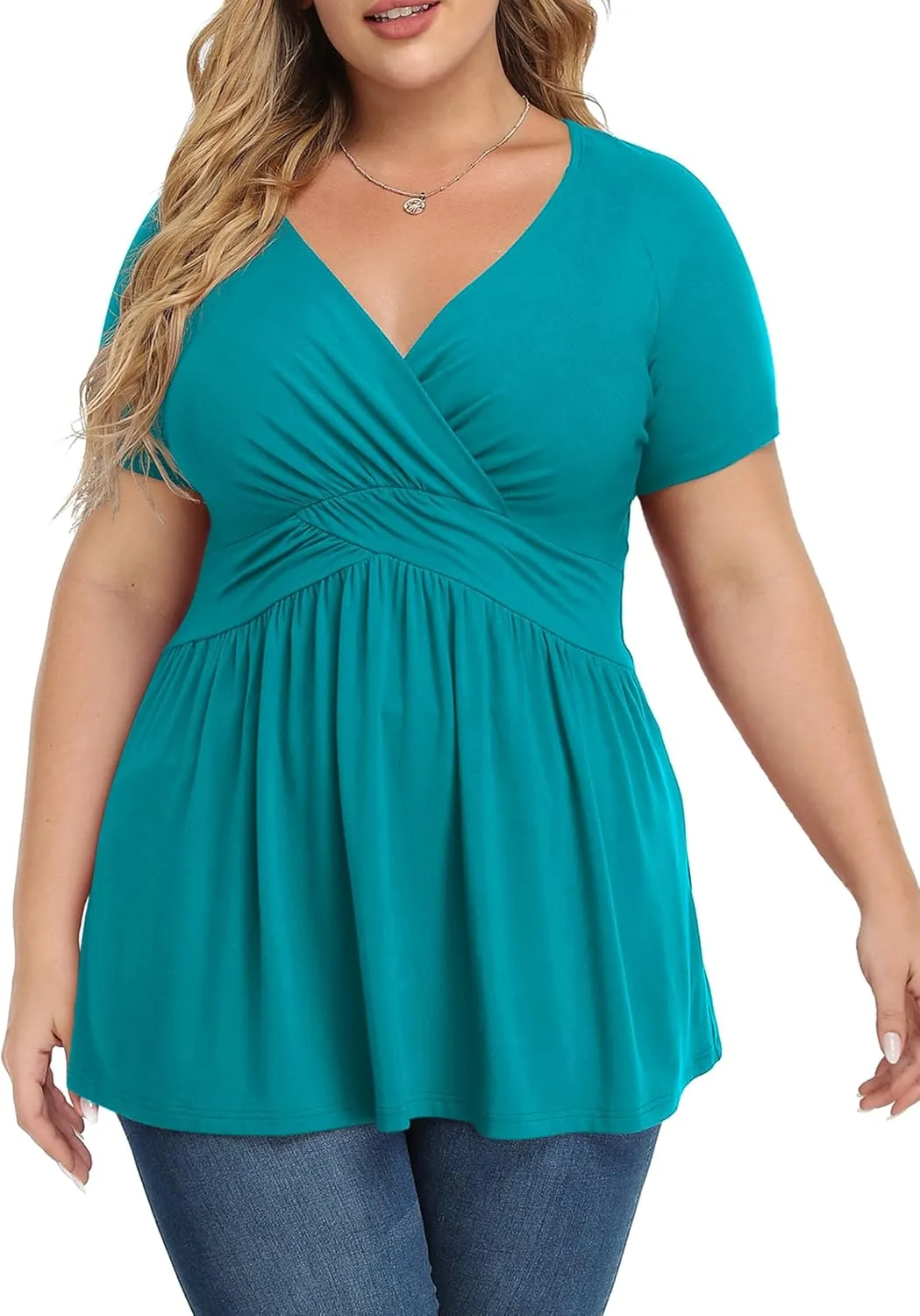 TIANZHU Women's Plus Size Dressy Tops Wrap Shirt Short Sleeve Tunic Top V Neck Low Cut Cute Blouse