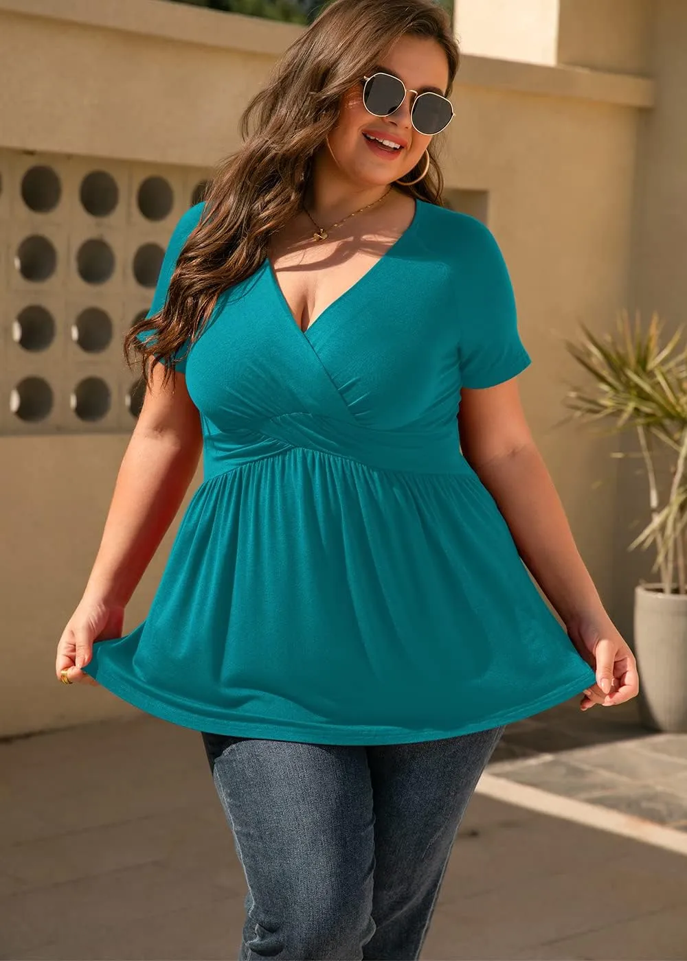 TIANZHU Women's Plus Size Dressy Tops Wrap Shirt Short Sleeve Tunic Top V Neck Low Cut Cute Blouse