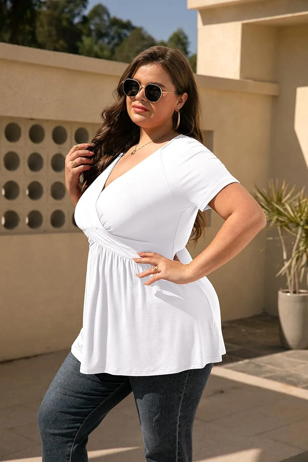 TIANZHU Women's Plus Size Dressy Tops Wrap Shirt Short Sleeve Tunic Top V Neck Low Cut Cute Blouse