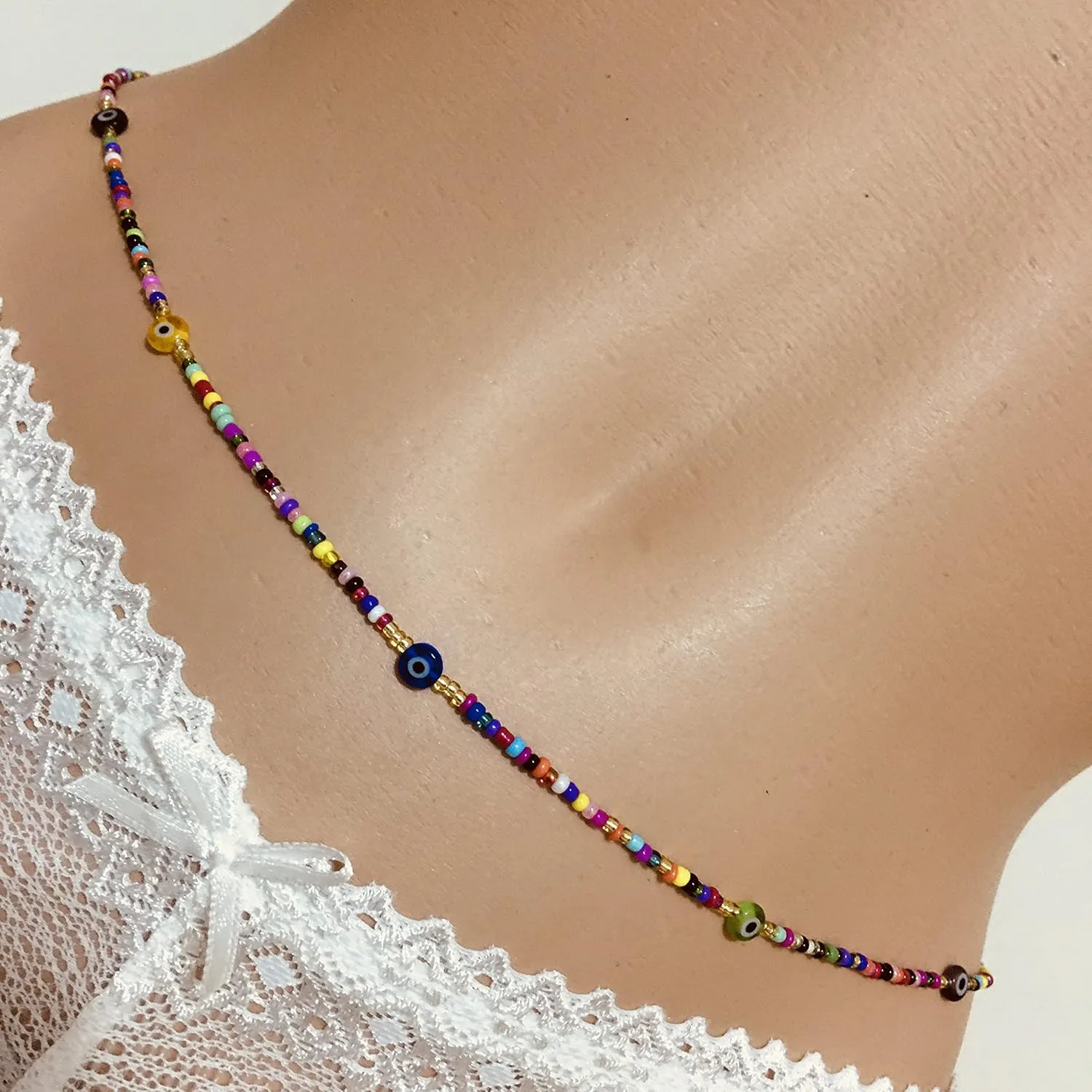 Tie on Waist beads, 43 inches Belly Bead, Evil Eye Belly Chains, Waistbead Choose Color, African Waist Chain, bellybead (Multicolor)
