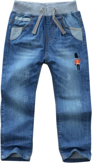 Toddler Kid Boy Elastic Mid Waist Washed Full Length Straight Pants Denim Jeans