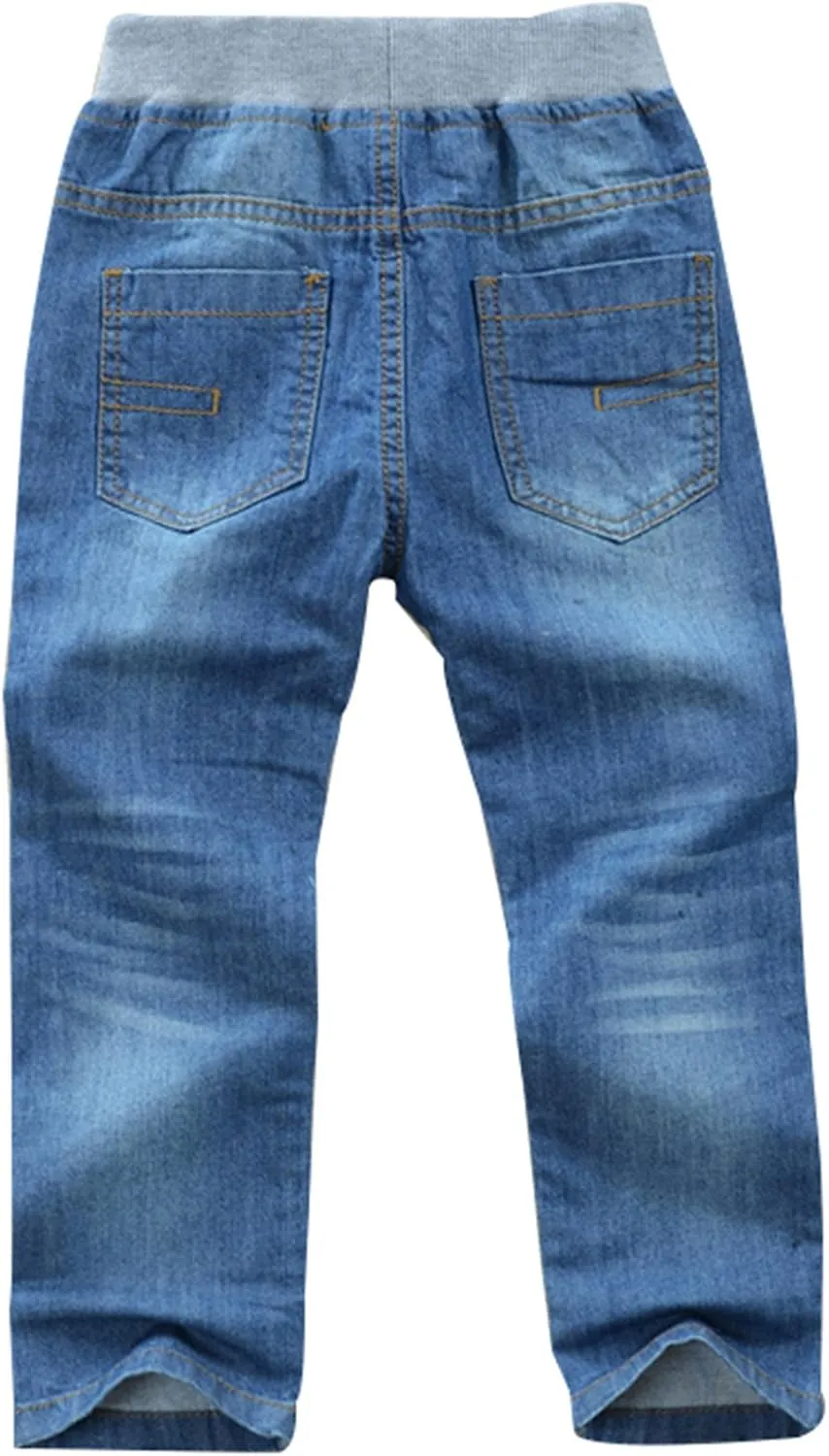Toddler Kid Boy Elastic Mid Waist Washed Full Length Straight Pants Denim Jeans