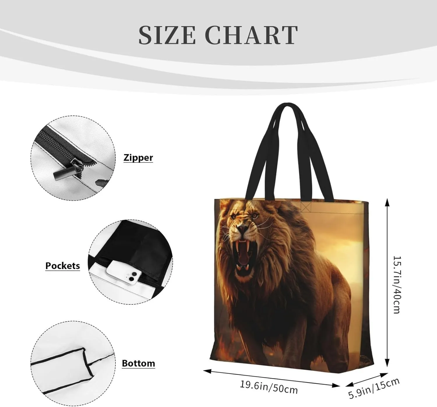 Tote Bag for Women Grocery Bag Reusable Shopping Bag Angry Roaring Lion Handbag Foldable Shoulder Bag