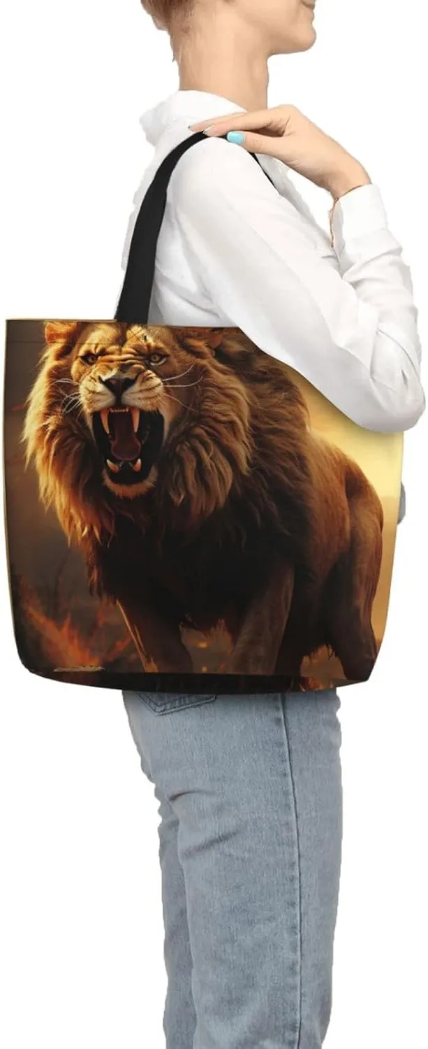 Tote Bag for Women Grocery Bag Reusable Shopping Bag Angry Roaring Lion Handbag Foldable Shoulder Bag