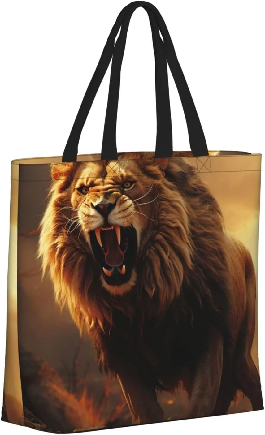 Tote Bag for Women Grocery Bag Reusable Shopping Bag Angry Roaring Lion Handbag Foldable Shoulder Bag