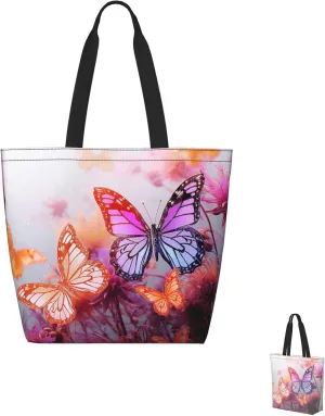 Tote Bag for Women Grocery Bag Reusable Shopping Bag Color butterfly flower Handbag Foldable Shoulder Bag