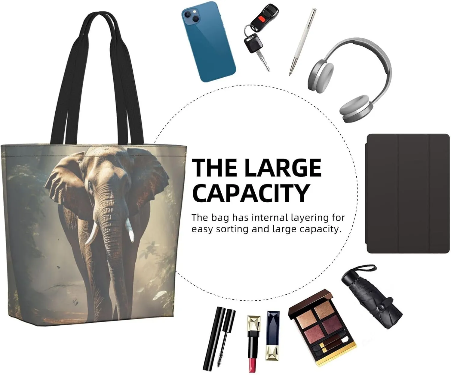 Tote Bag for Women Grocery Bag Reusable Shopping Bag Elephant white pattern Handbag Foldable Shoulder Bag