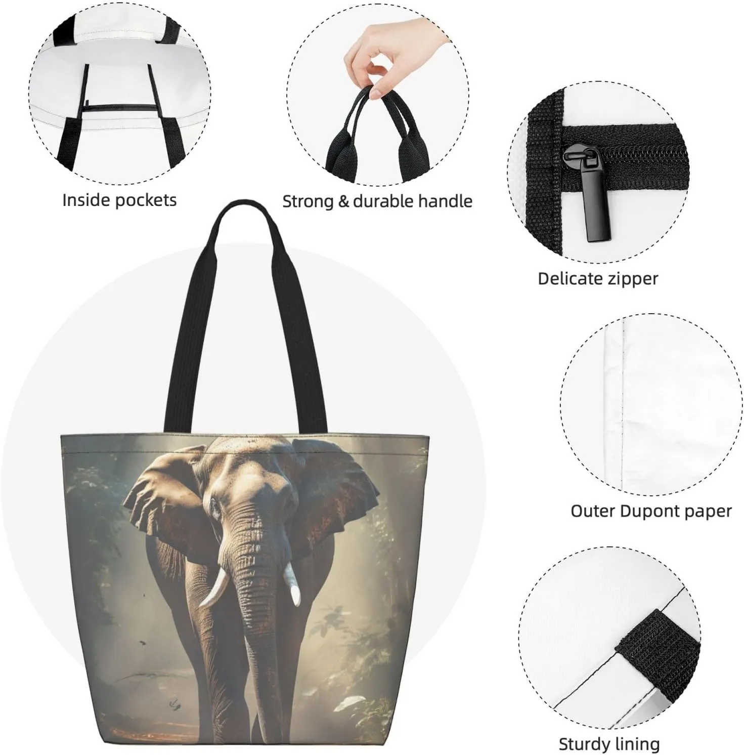 Tote Bag for Women Grocery Bag Reusable Shopping Bag Elephant white pattern Handbag Foldable Shoulder Bag