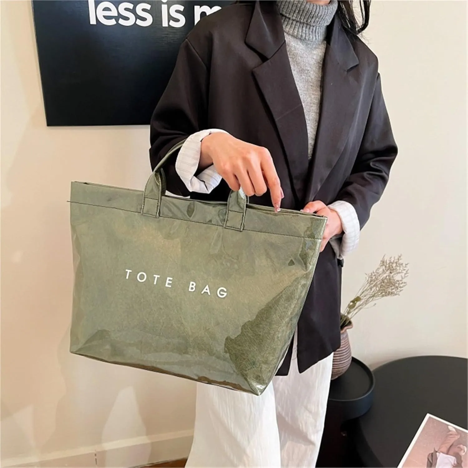 Tote Bag for Women Large Letters Print Handbags Kraft Paper Tote Bag Hobo Bags Clear Plastic PVCTote Bag for Work