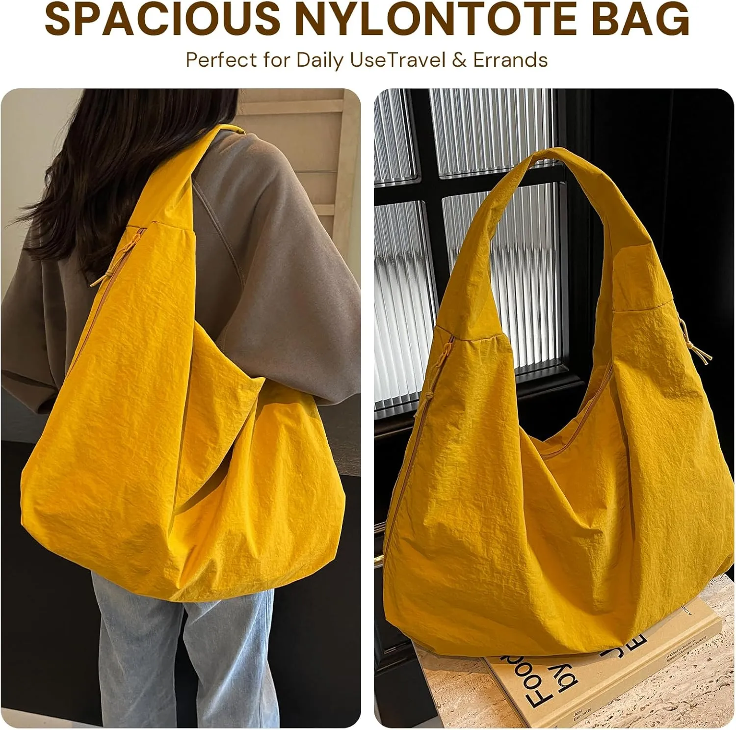 Tote Bag for Women, Lightweight Foldable Nylon Slouchy Tote, Large Capacity Womens Hobo Bag for Travel, Gym, Daily Use