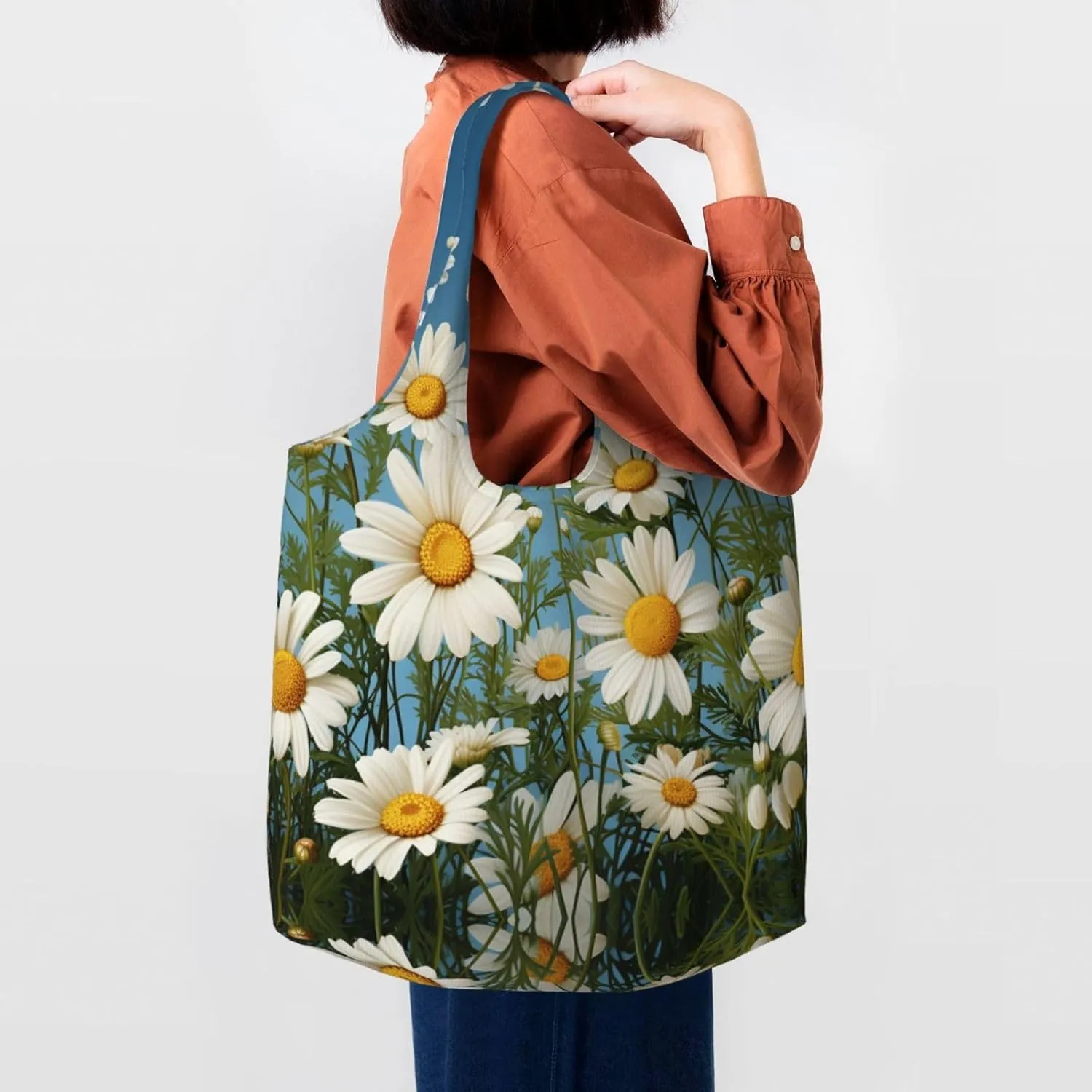 Tote Bag for Women Reusable Grocery Bag Canvas Shopping Bag Camomile pattern Handbag Foldable Shoulder Bag