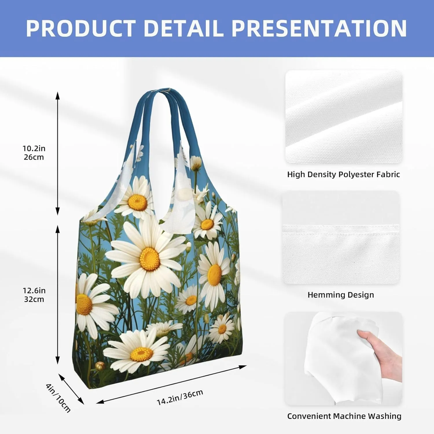 Tote Bag for Women Reusable Grocery Bag Canvas Shopping Bag Camomile pattern Handbag Foldable Shoulder Bag