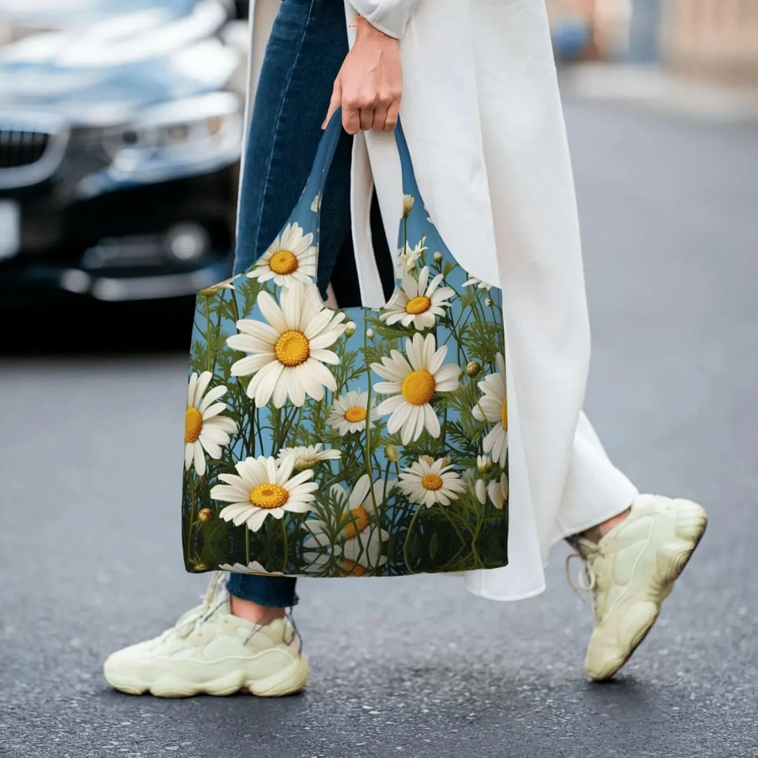 Tote Bag for Women Reusable Grocery Bag Canvas Shopping Bag Camomile pattern Handbag Foldable Shoulder Bag