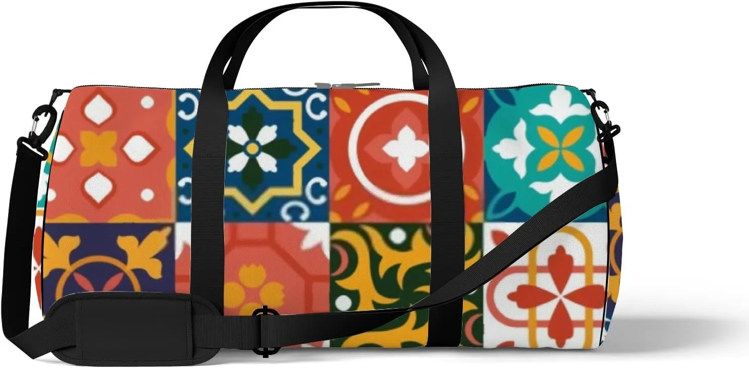 Traditional Geometric Ornate Ceramic Tiles Sports Duffel Bag Travel Gym Tote Bags Lightweight Durable Shoulder Strap Waterproof Polyester Outside Mesh Pocket Overnight Trip Duffel Bag for Women Men
