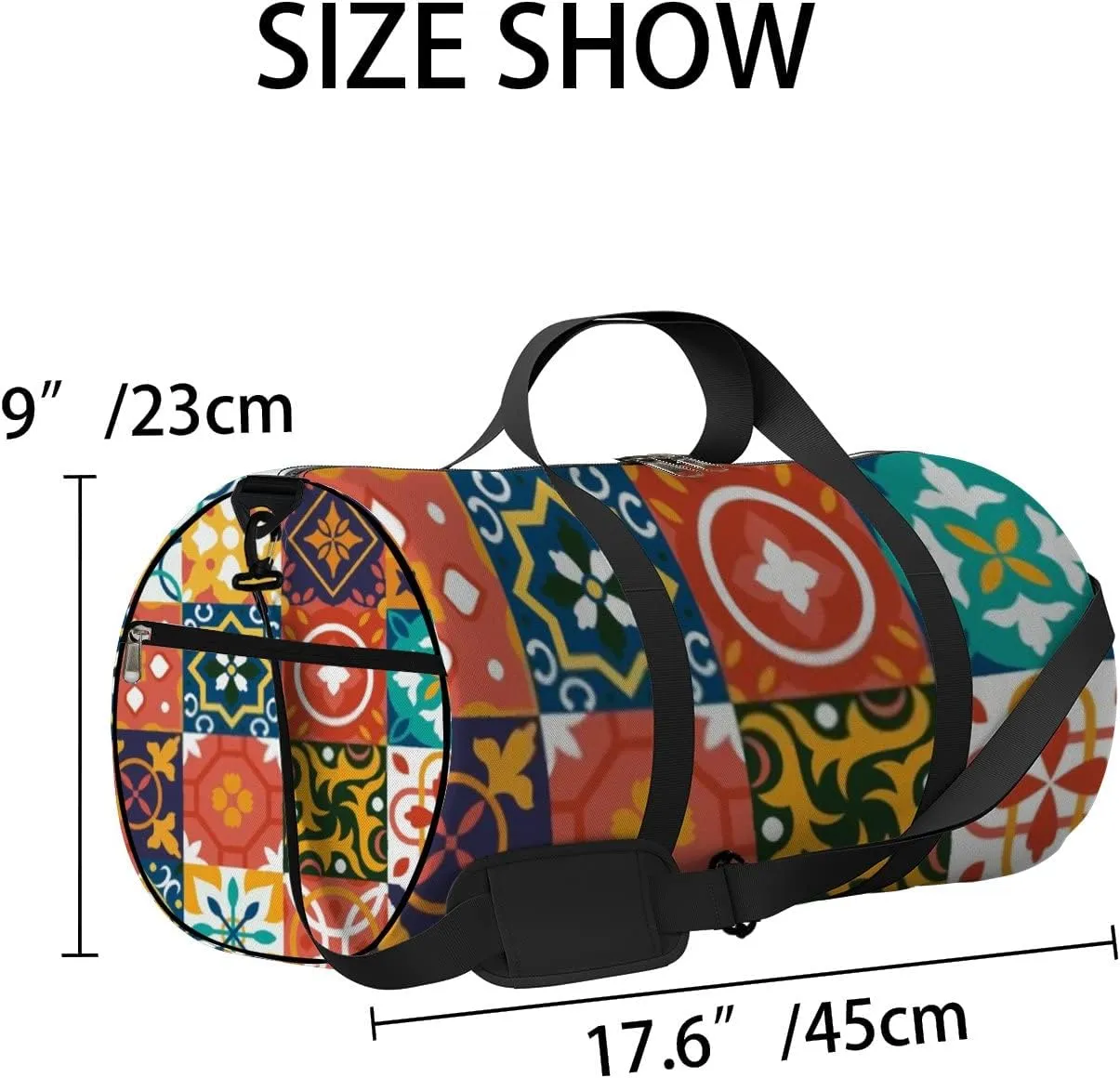 Traditional Geometric Ornate Ceramic Tiles Sports Duffel Bag Travel Gym Tote Bags Lightweight Durable Shoulder Strap Waterproof Polyester Outside Mesh Pocket Overnight Trip Duffel Bag for Women Men