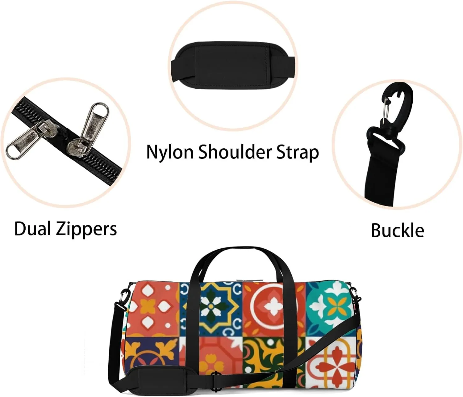 Traditional Geometric Ornate Ceramic Tiles Sports Duffel Bag Travel Gym Tote Bags Lightweight Durable Shoulder Strap Waterproof Polyester Outside Mesh Pocket Overnight Trip Duffel Bag for Women Men