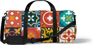 Traditional Geometric Ornate Ceramic Tiles Sports Duffel Bag Travel Gym Tote Bags Lightweight Durable Shoulder Strap Waterproof Polyester Outside Mesh Pocket Overnight Trip Duffel Bag for Women Men