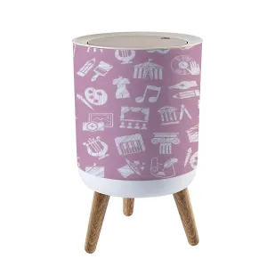 Trash Can with Lid Leisure Cultural centres Cultural Events Attributes Press Top Round Small Garbage Bin with Wooden Legs Waste Basket for Kitchen Bedroom Nursery 7L/1.8 Gallon