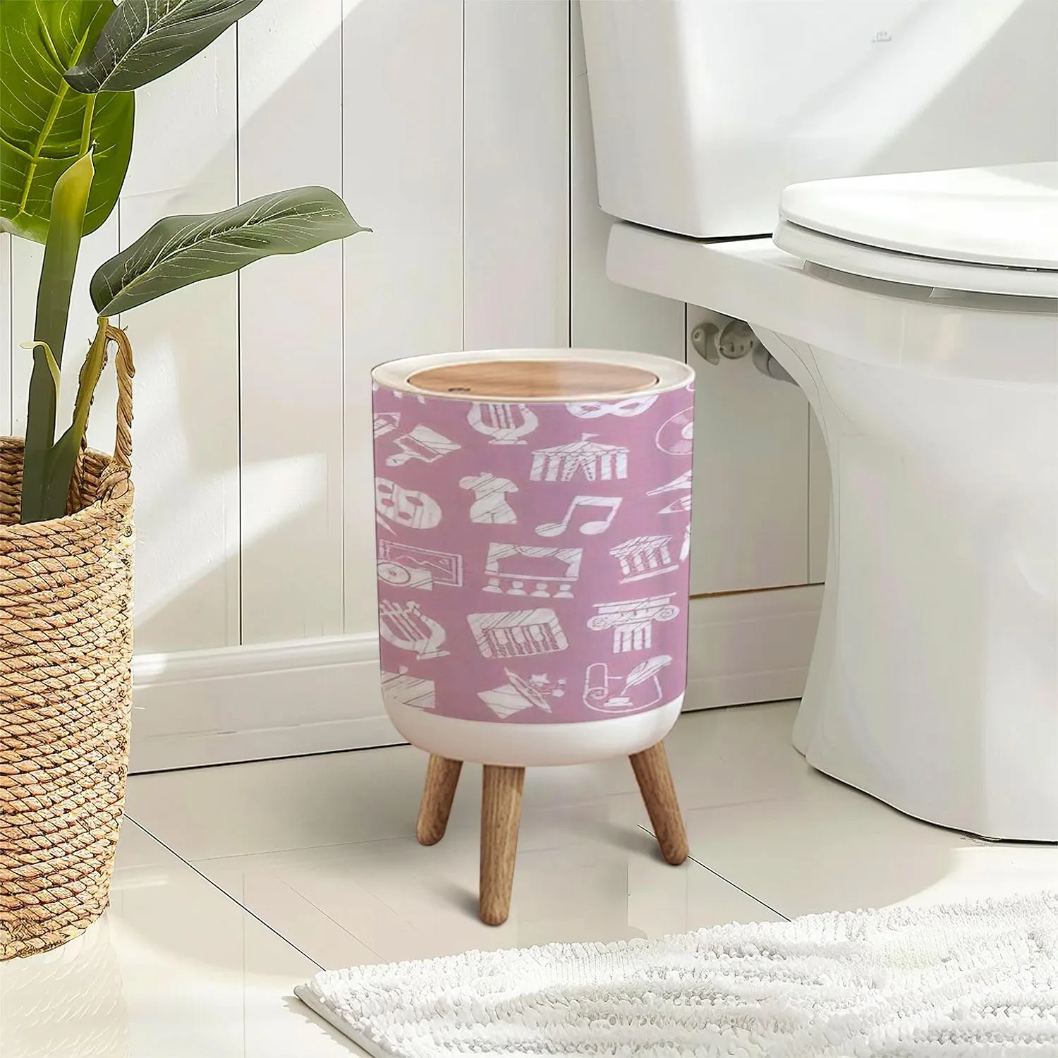 Trash Can with Lid Leisure Cultural centres Cultural Events Attributes Press Top Round Small Garbage Bin with Wooden Legs Waste Basket for Kitchen Bedroom Nursery 7L/1.8 Gallon