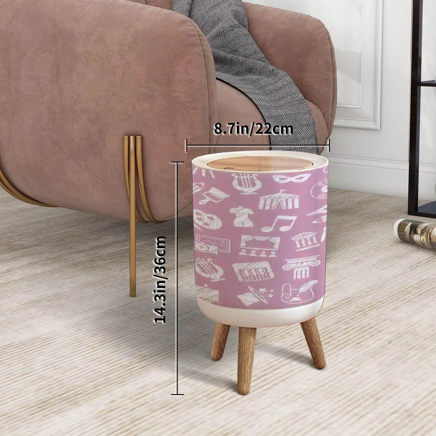 Trash Can with Lid Leisure Cultural centres Cultural Events Attributes Press Top Round Small Garbage Bin with Wooden Legs Waste Basket for Kitchen Bedroom Nursery 7L/1.8 Gallon