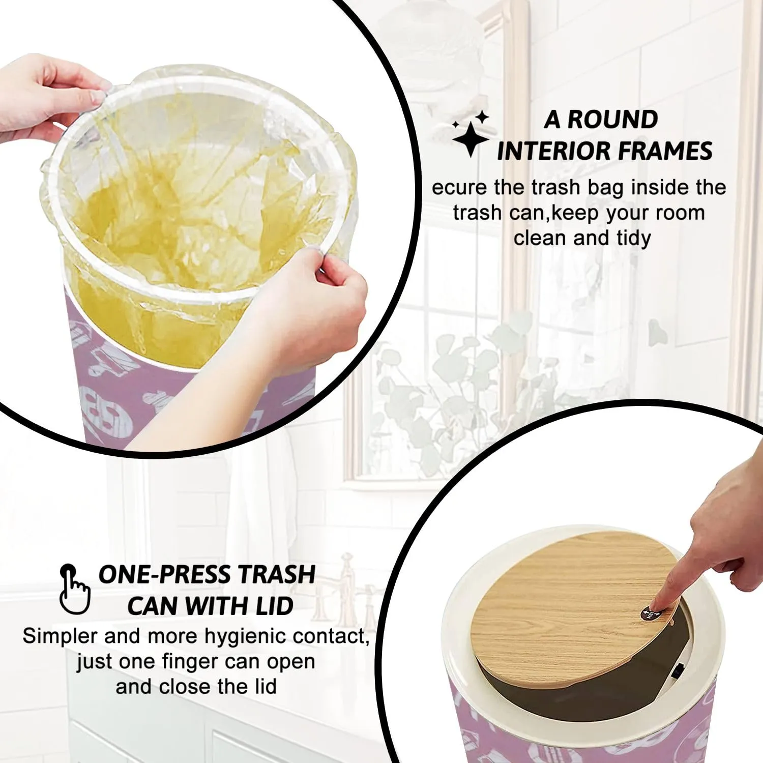 Trash Can with Lid Leisure Cultural centres Cultural Events Attributes Press Top Round Small Garbage Bin with Wooden Legs Waste Basket for Kitchen Bedroom Nursery 7L/1.8 Gallon