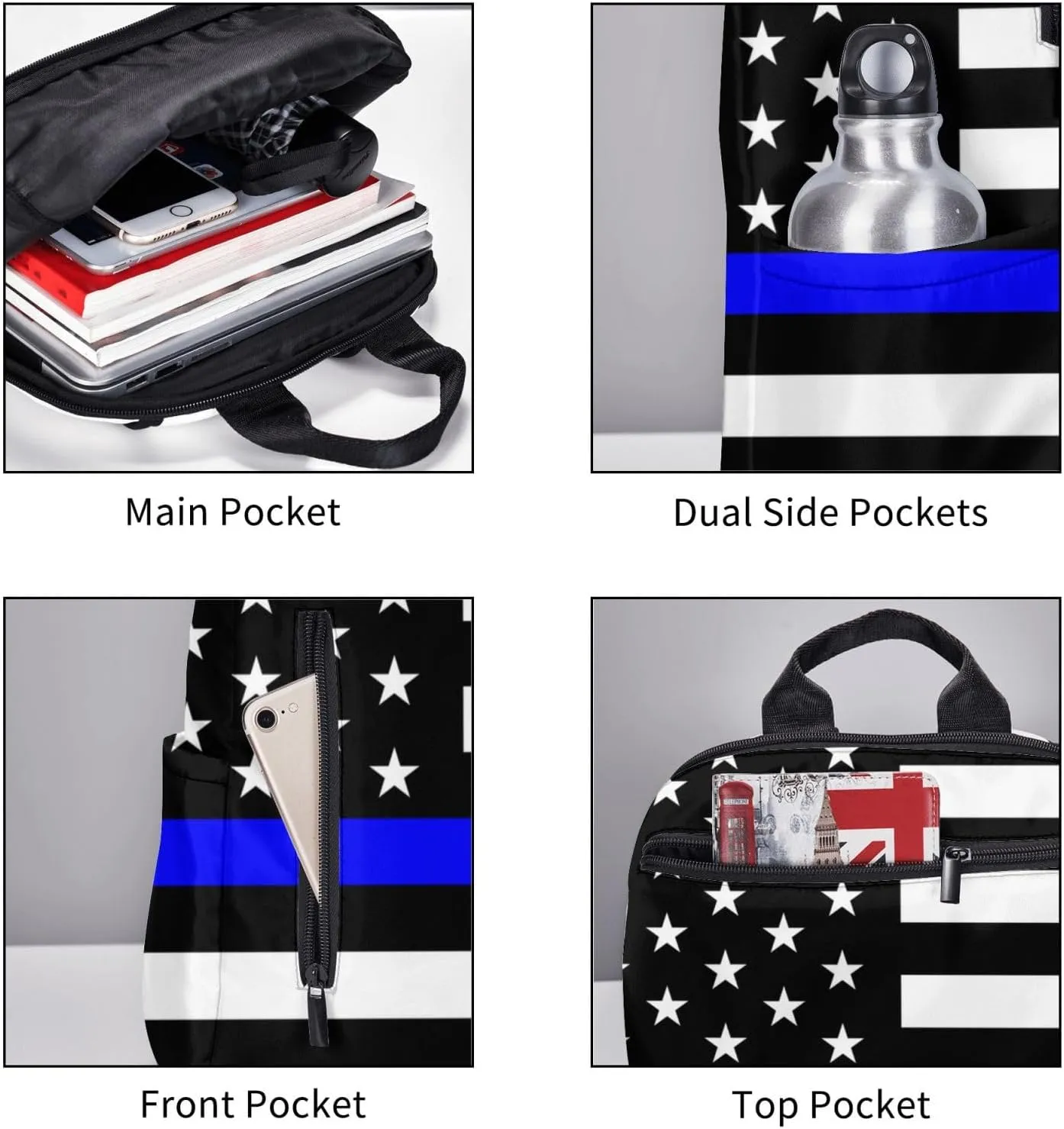 Travel Laptop Backpack Business American Thin Blue Line police Flag College Computer Bag Gift for Men & Women