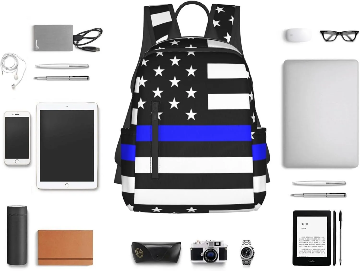 Travel Laptop Backpack Business American Thin Blue Line police Flag College Computer Bag Gift for Men & Women