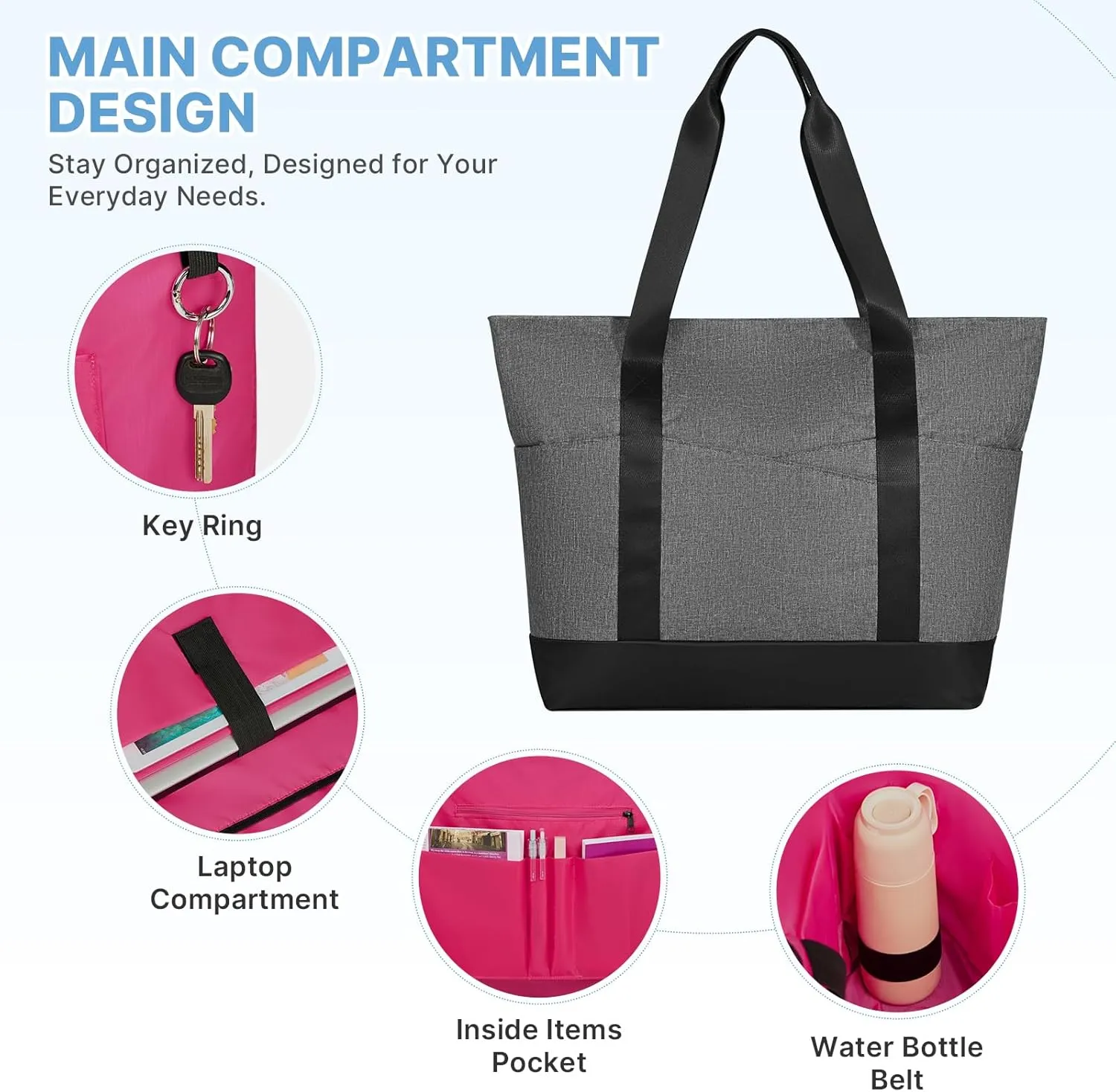 Travel Tote Bag for Women, Large Tote Handbag with Zipper, Beach Bag with Multi Pockets for College Work Shopping