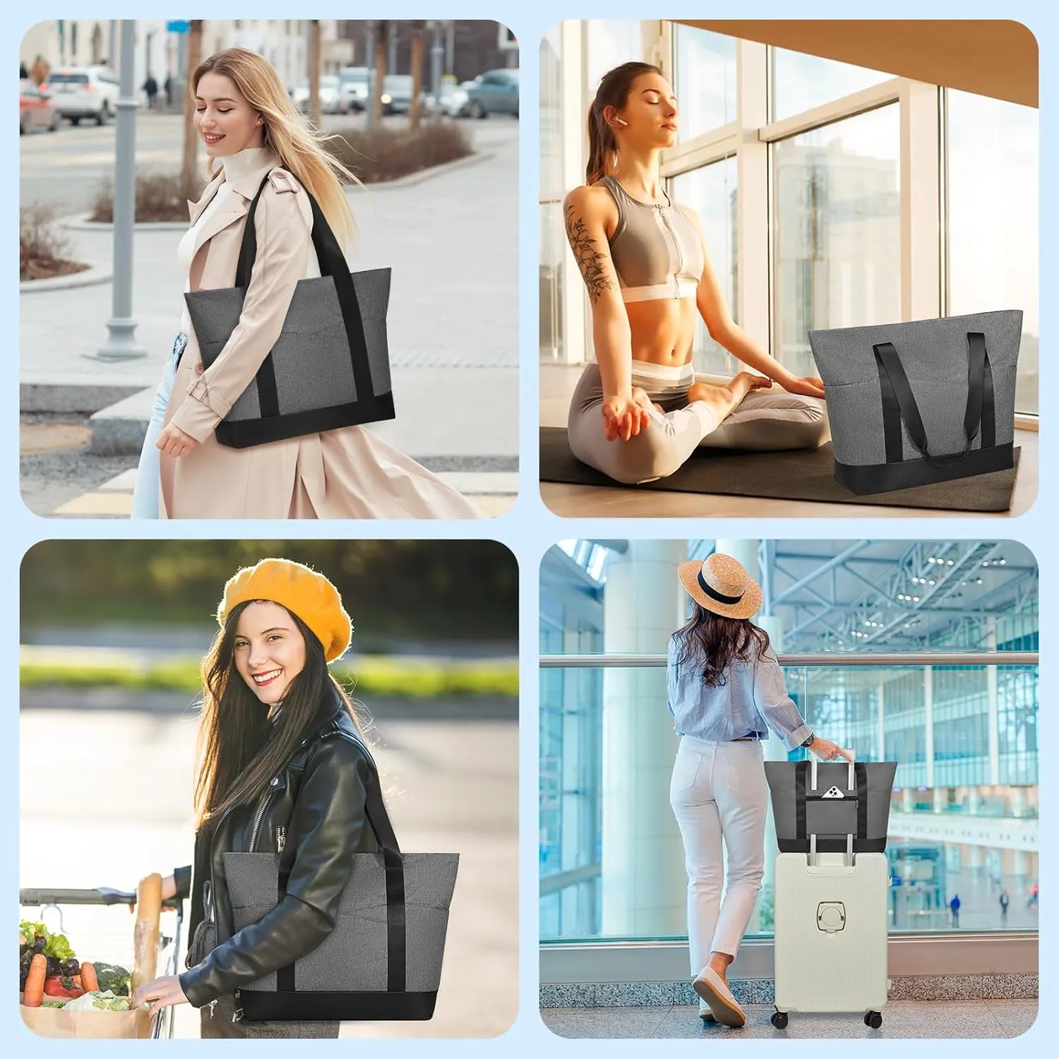 Travel Tote Bag for Women, Large Tote Handbag with Zipper, Beach Bag with Multi Pockets for College Work Shopping