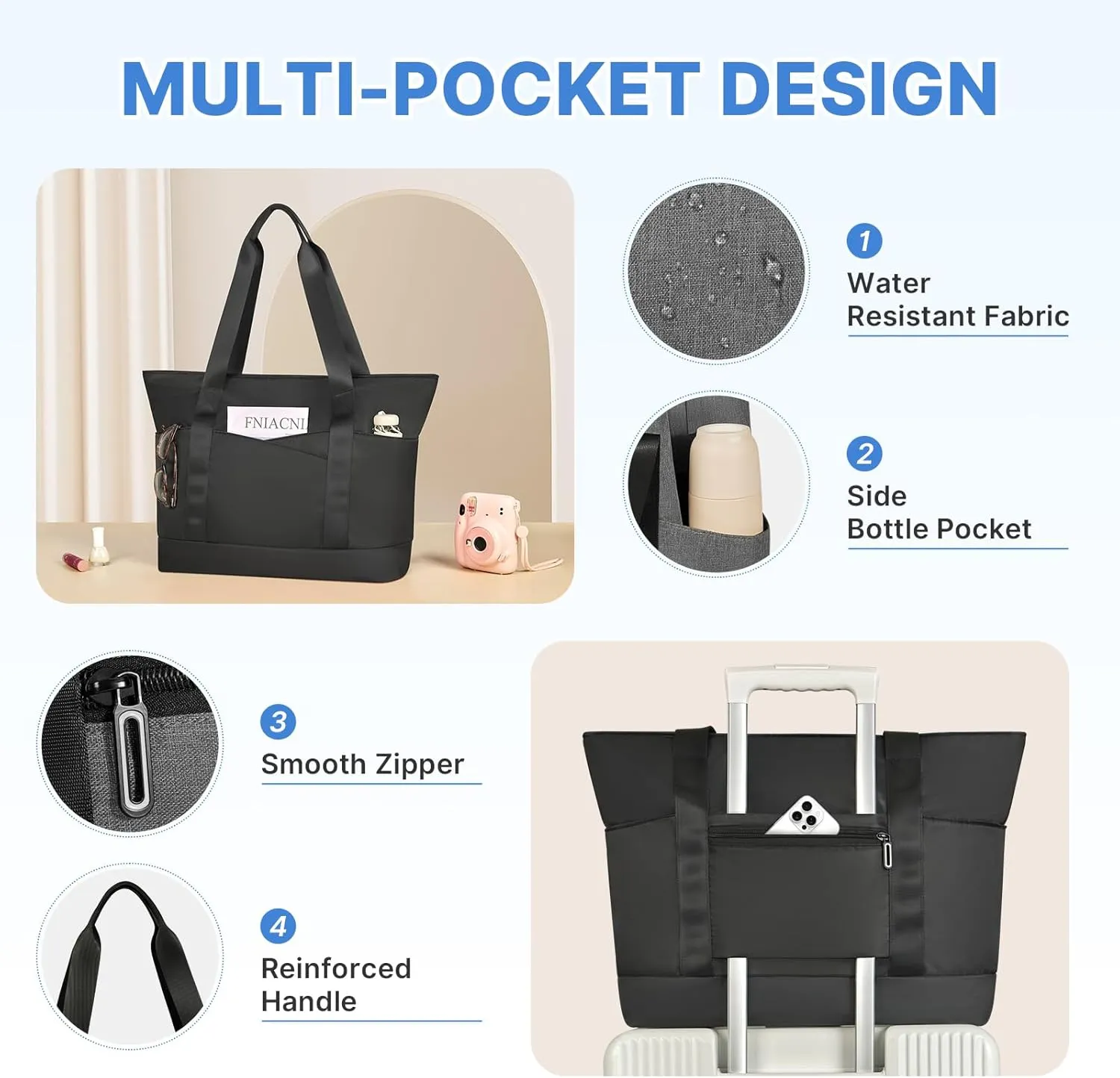Travel Tote Bag for Women, Large Tote Handbag with Zipper, Beach Bag with Multi Pockets for College Work Shopping