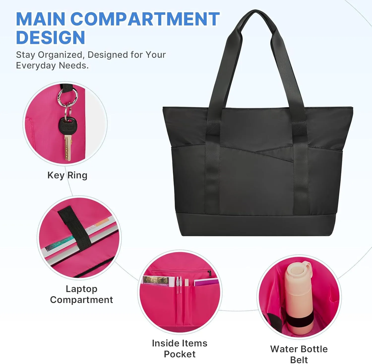 Travel Tote Bag for Women, Large Tote Handbag with Zipper, Beach Bag with Multi Pockets for College Work Shopping