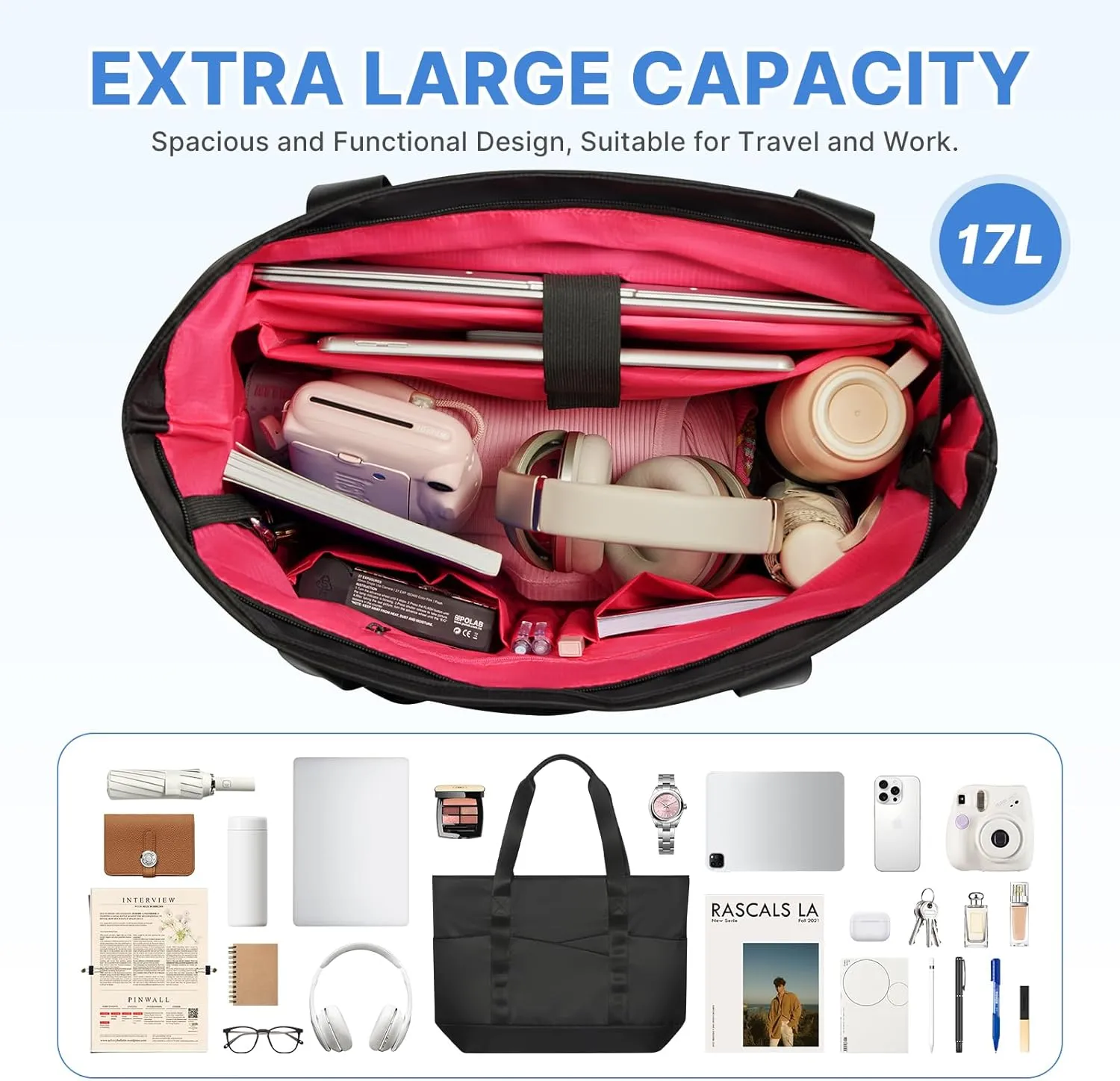 Travel Tote Bag for Women, Large Tote Handbag with Zipper, Beach Bag with Multi Pockets for College Work Shopping