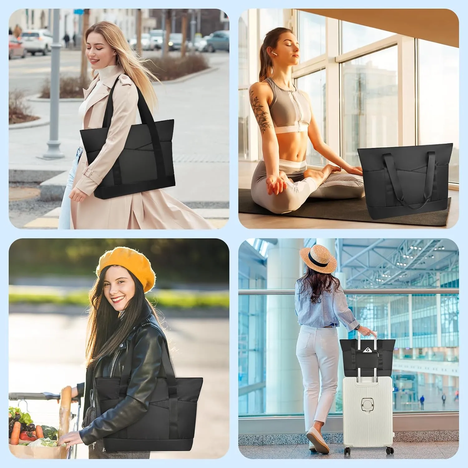 Travel Tote Bag for Women, Large Tote Handbag with Zipper, Beach Bag with Multi Pockets for College Work Shopping