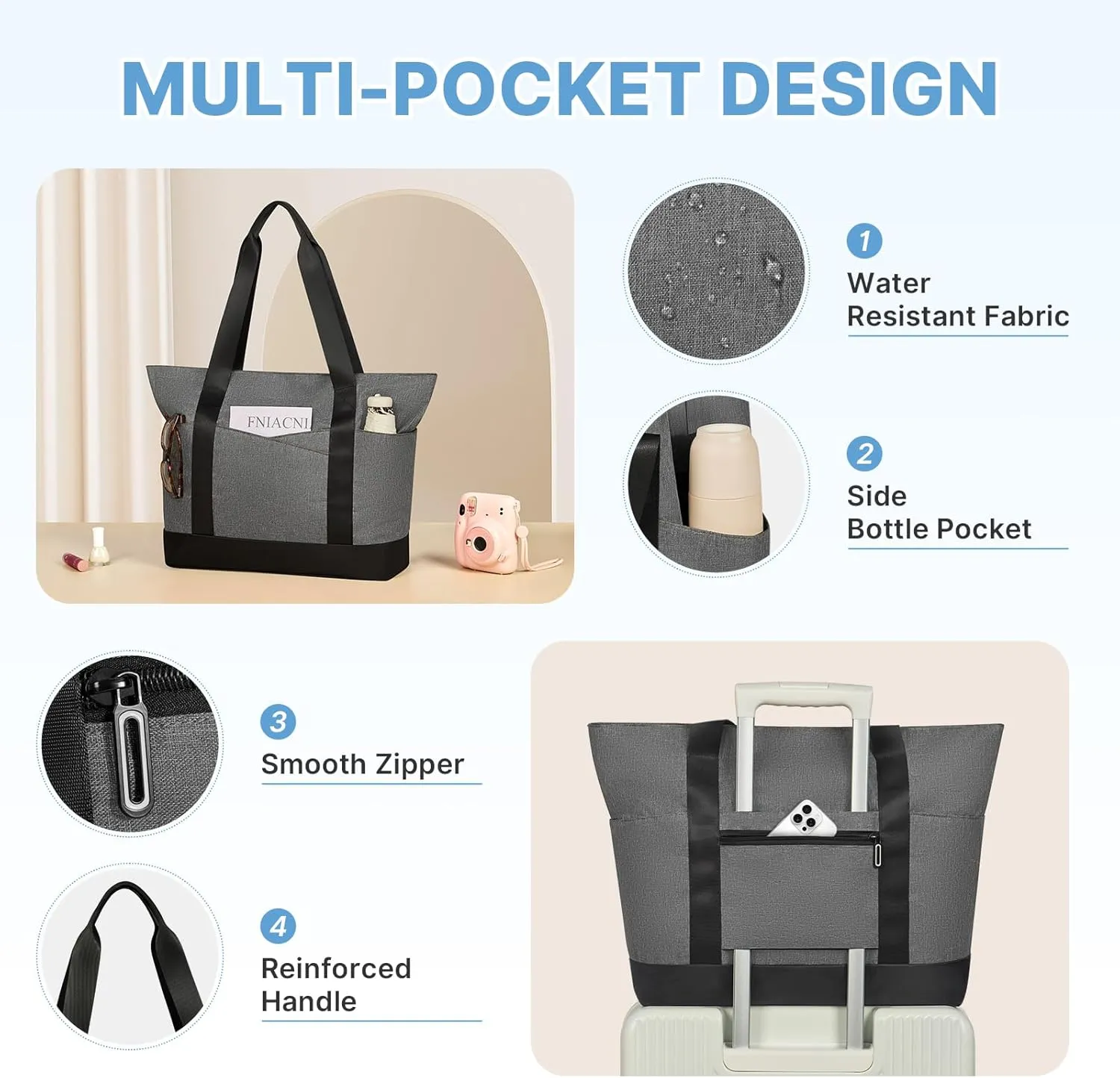 Travel Tote Bag for Women, Large Tote Handbag with Zipper, Beach Bag with Multi Pockets for College Work Shopping