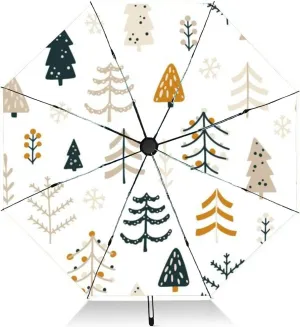 Travel Umbrella for Rain Windproof Forest different Christmas trees naive hand drawn simple scandinavian Automatic Cute Portable Compact Umbrella for Women Purse Backpack Car Black Sun UV Protection