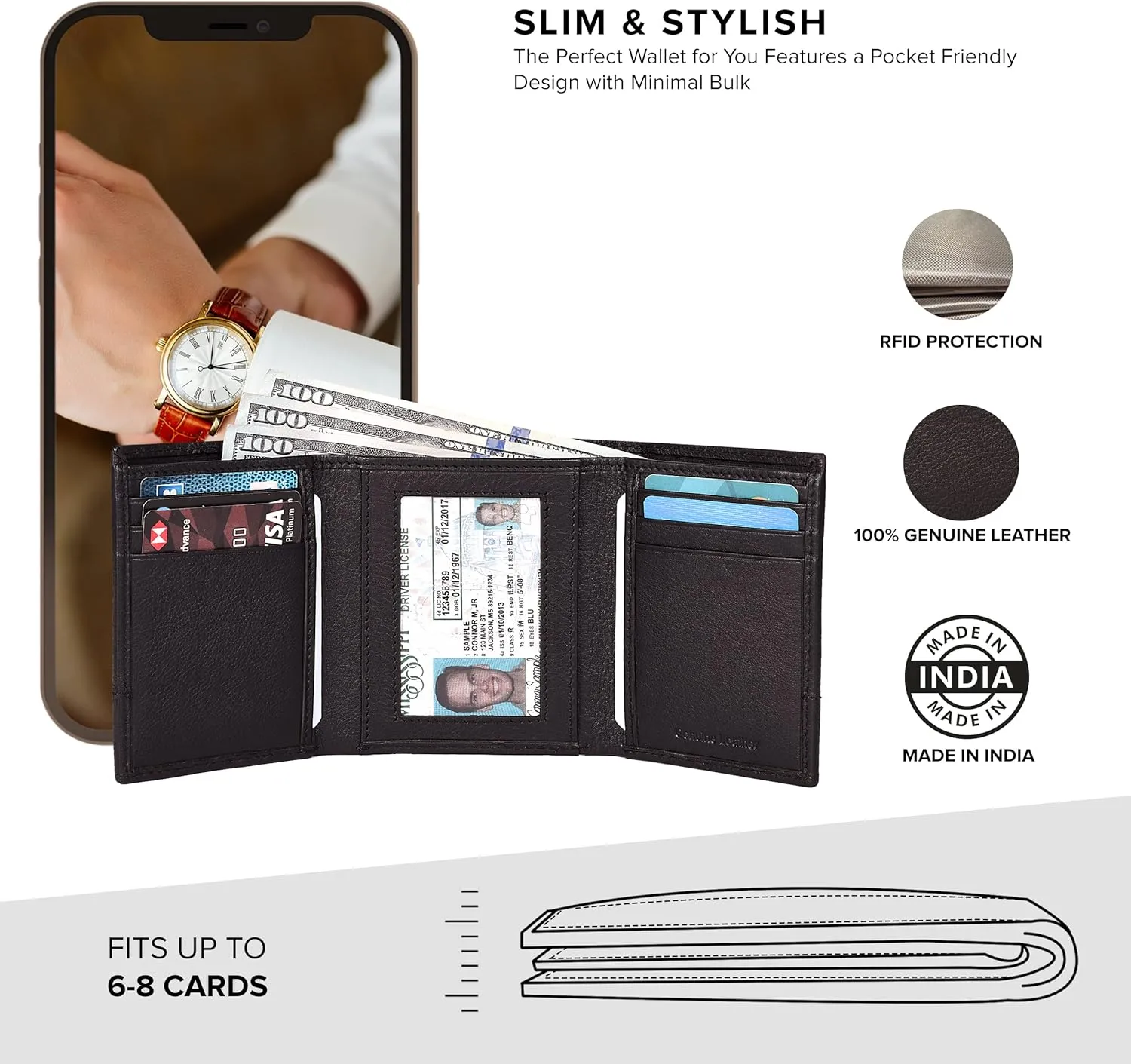 Tri fold Leather Wallet for Men with RFID | Slim Wallets for Men with 1 ID and 6 Credit card slots | Front Pocket Minimalist