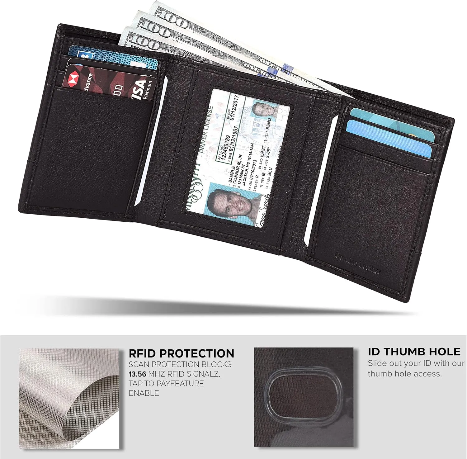 Tri fold Leather Wallet for Men with RFID | Slim Wallets for Men with 1 ID and 6 Credit card slots | Front Pocket Minimalist