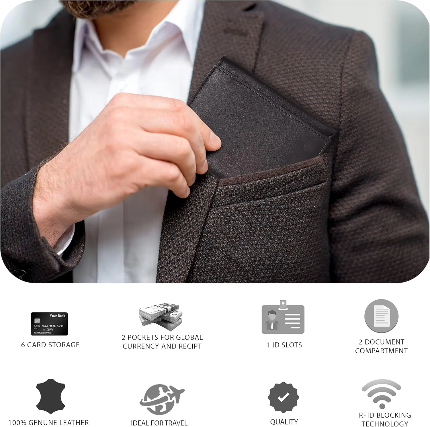 Tri fold Leather Wallet for Men with RFID | Slim Wallets for Men with 1 ID and 6 Credit card slots | Front Pocket Minimalist